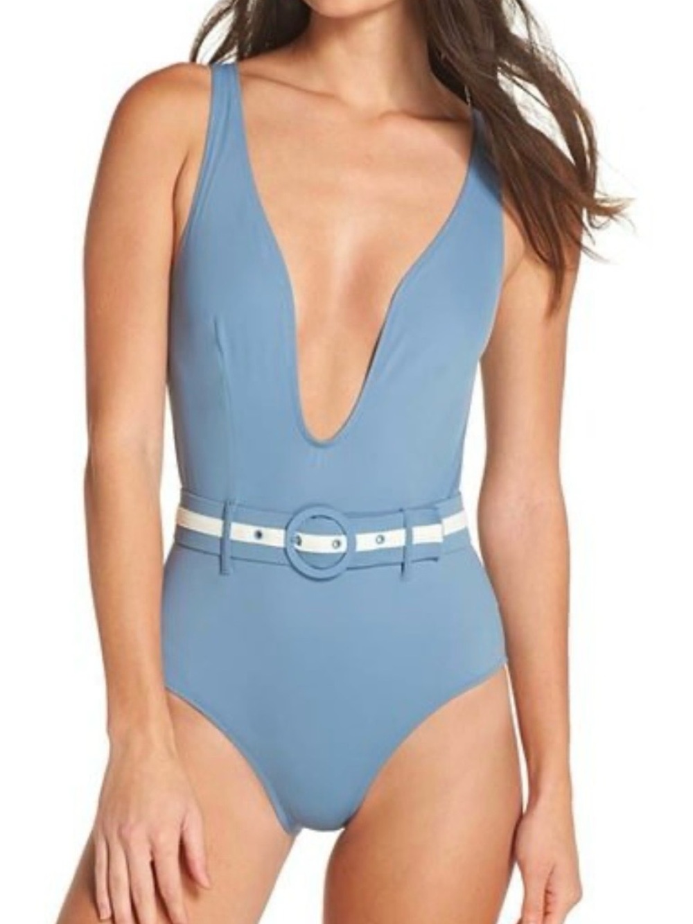 SOLID & STRIPED Light Blue One-Piece Swimsuit with White Belt